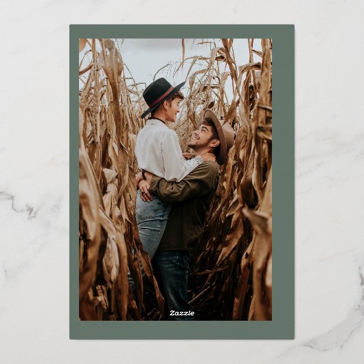 Sage green chic金ゴールドアンパサンドはphoto'sと結婚名付ける 箔招待状 (裏面)