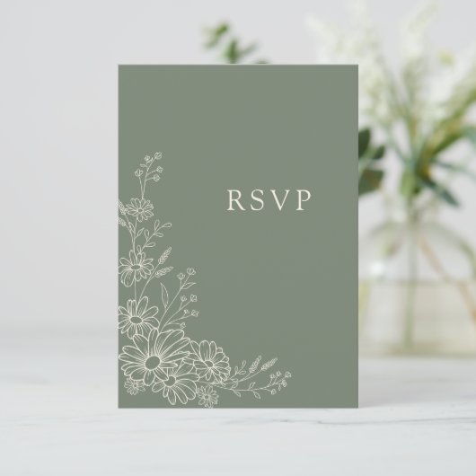 Sage Green Chic Botanical Daisy QR Code Wedding 出欠カード (スタンド正面)