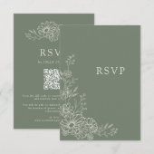Sage Green Chic Botanical Daisy QR Code Wedding 出欠カード (正面/裏面)
