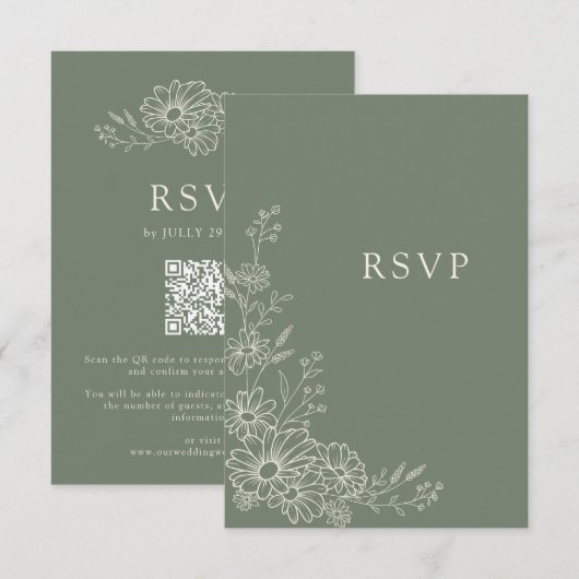 Sage Green Chic Botanical Daisy QR Code Wedding 出欠カード (正面/裏面)