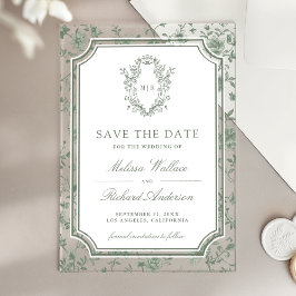 Sage Green Chinoiserie Crest Wedding Save the Date アクリル招待状