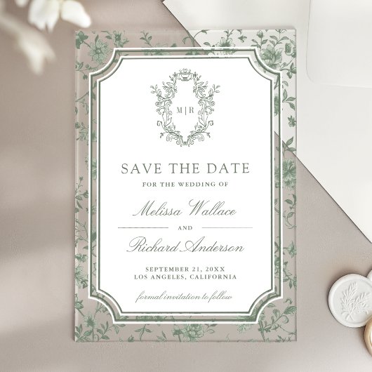 Sage Green Chinoiserie Crest Wedding Save the Date アクリル招待状