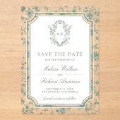 Sage Green Chinoiserie Crest Wedding Save the Date アクリル招待状 (正面)
