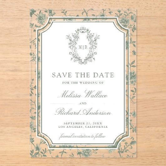 Sage Green Chinoiserie Crest Wedding Save the Date アクリル招待状 (正面)