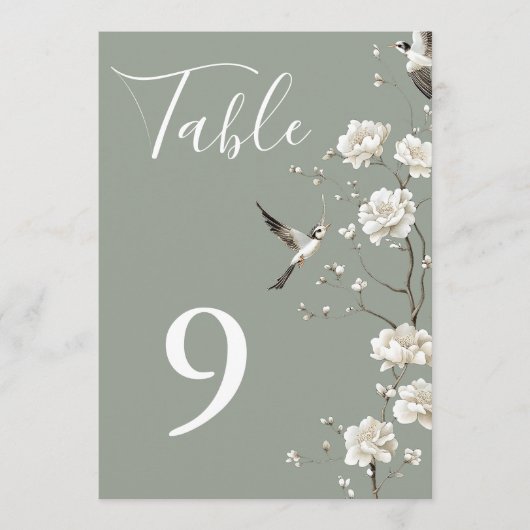 Sage Green Chinoiserie Floral Garden Table Numbers 招待状 (正面)