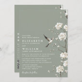 Sage Green Chinoiserie Floral QR Code Wedding 招待状 (正面/裏面)