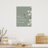 Sage Green Chinoiserie Floral Wedding Welcome Sign ポスター (キッチン)