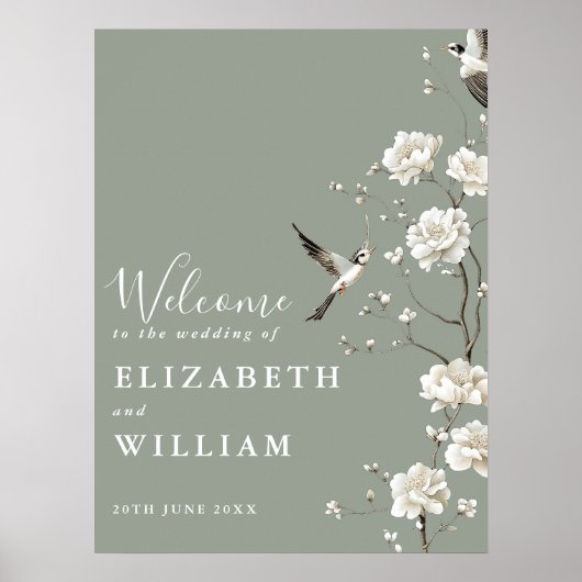 Sage Green Chinoiserie Floral Wedding Welcome Sign ポスター (正面)