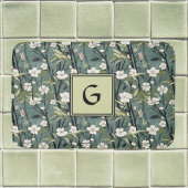 Sage Green Chinoiserie Floral White Initial バスマット