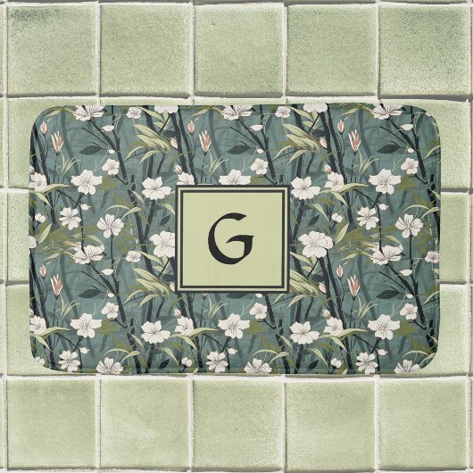 Sage Green Chinoiserie Floral White Initial  バスマット