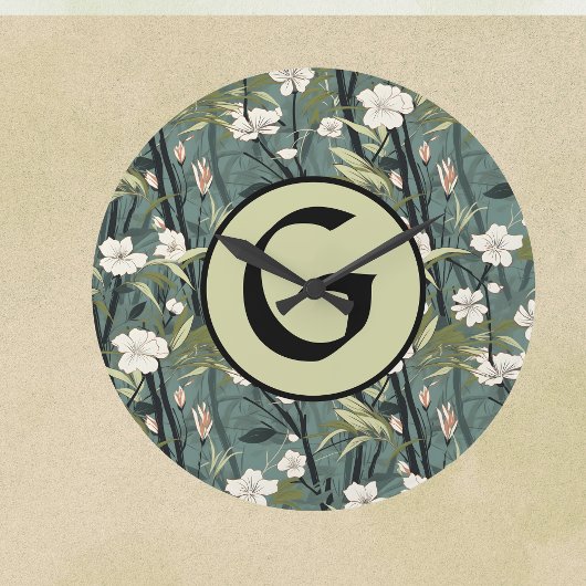 Sage Green Chinoiserie Floral White Initial  ラージ壁時計