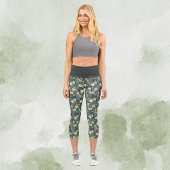 Sage Green Chinoiserie Tropical White Gold Floral カプリレギンス