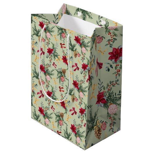 Sage Green Christmas Winter Greenery & Bow Pattern ミディアムペーパーバッグ (裏面アングル)