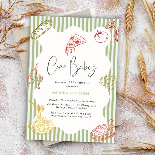 Sage Green Ciao Baby Itallian Pizza Baby Shower  招待状