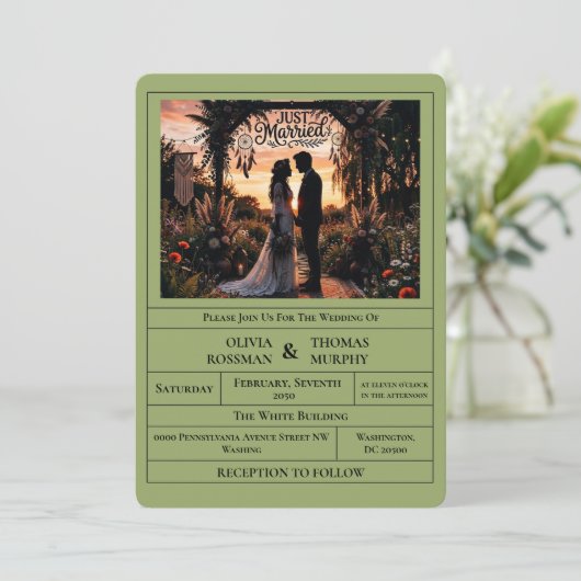 Sage Green Citrus Botanical Wedding Invitation 招待状 (スタンド正面)
