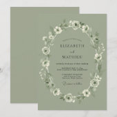 Sage Green Classic Anemone Wedding 招待状 (正面/裏面)