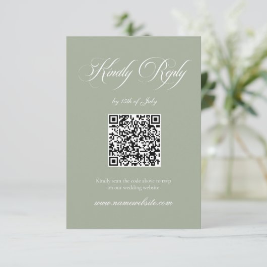 Sage Green Classic Elegant Wedding QR Code 出欠カード (スタンド正面)