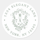 Sage Green Classic Floral Crest Return Address  ラウンドシール (正面)