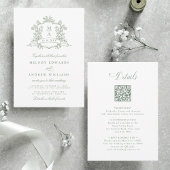Sage Green Classic Floral Crest Wedding All in One 招待状