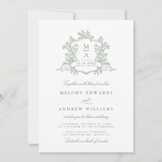 Sage Green Classic Floral Crest Wedding All in One 招待状 (正面)