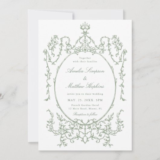 Sage Green Classic Floral Frame Wedding 招待状 (正面)