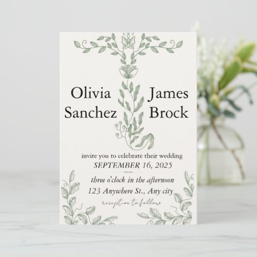 Sage Green Classic Floral Wedding Invitation 招待状 (スタンド正面)