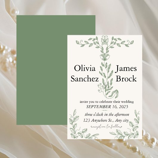 Sage Green Classic Floral Wedding Invitation 招待状