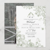 Sage Green Classic Toile French Floral Wedding  招待状 (正面/裏面)