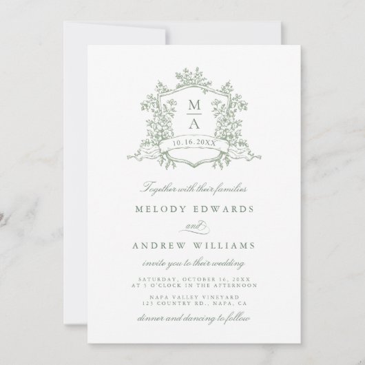 Sage Green Classy Floral Crest Wedding Invitation 招待状 (正面)