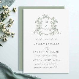 Sage Green Classy Floral Crest Wedding Invitation 招待状