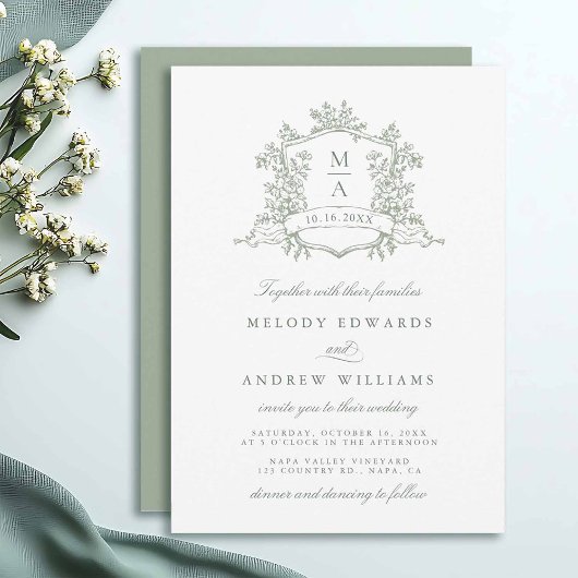 Sage Green Classy Floral Crest Wedding Invitation 招待状