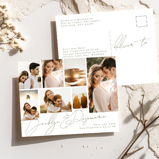 Sage Green Collage 8写真数々の日付の保存 案内ポストカード