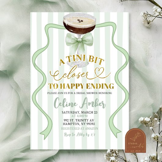 Sage Green Coquette Stripes Martini Bridal Shower 招待状