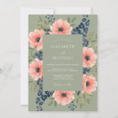 Sage Green Coral Botanical Rustic Wedding 招待状 (正面)