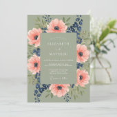 Sage Green Coral Botanical Rustic Wedding 招待状 (スタンド正面)