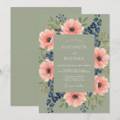 Sage Green Coral Botanical Rustic Wedding 招待状 (正面/裏面)