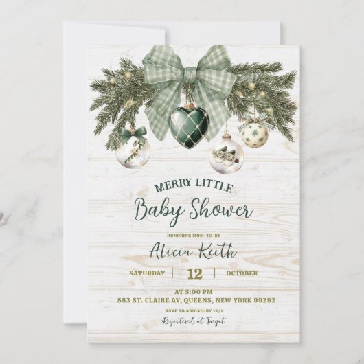 Sage Green Country Rustic Winter Baby Shower 招待状 (正面)