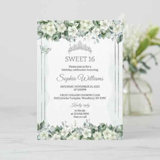 Sage Green Cream Flowers, Floral Sweet Sixteen 招待状 (スタンド正面)