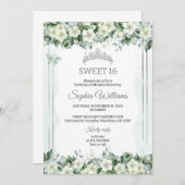 Sage Green Cream Flowers, Floral Sweet Sixteen 招待状 (正面/裏面)