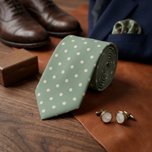 Sage Green & Cream Polka Dot ネクタイ
