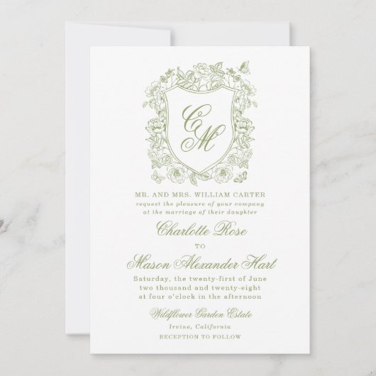 Sage Green Crest Garden Wedding Invitation 招待状 (正面)