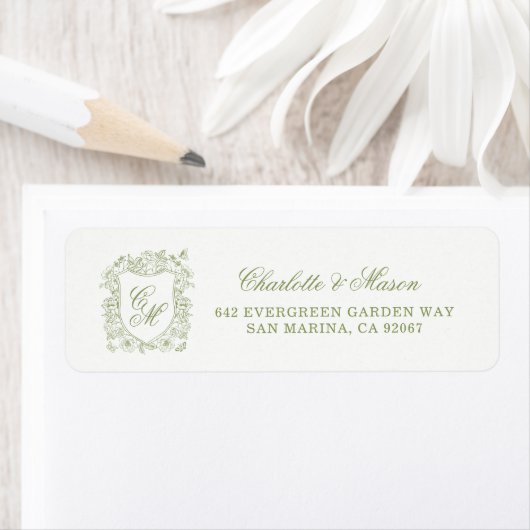 Sage Green Crest Wedding Return Address Labels ラベル (インサイチュ)