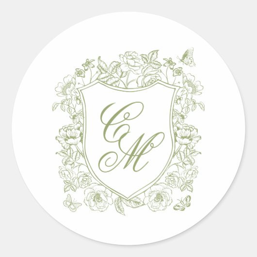 Sage Green Crest Wedding Round Sticker ラウンドシール (正面)