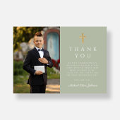 Sage Green Cross Boy First Communion写真 サンキューカード