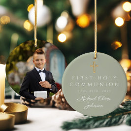 Sage Green Cross Boy First Communion写真 セラミックオーナメント