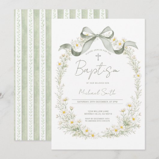 Sage Green Cross Daisy Baptism Invitation 招待状 (正面/裏面)
