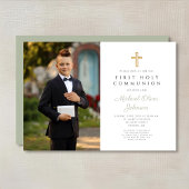 Sage Green Cross Photo Boy First Communion 招待状