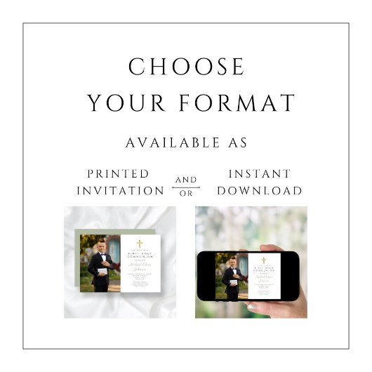 Sage Green Cross Photo Boy First Communion 招待状