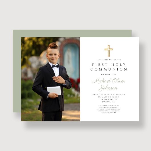 Sage Green Cross Photo Boy First Communion 招待状