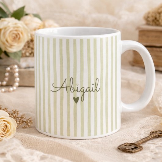 Sage Green Custom Name Striped Cup Gift For Her  コーヒーマグカップ